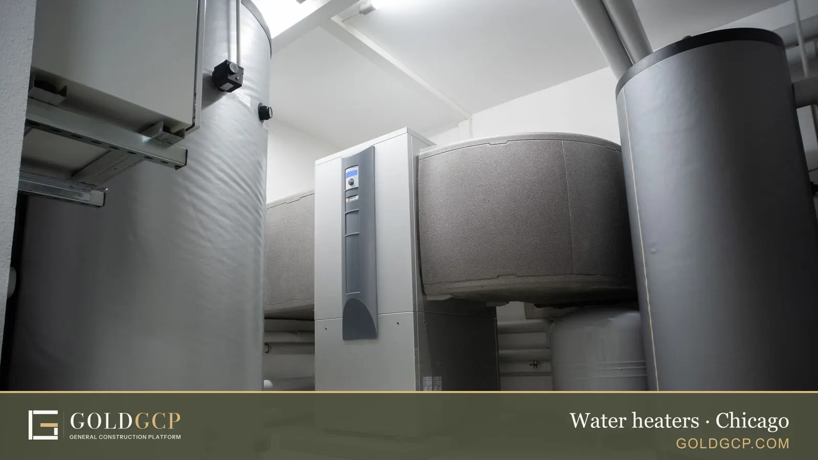 Insulated hot water storage tanks next to a heat pump unit in a utility room