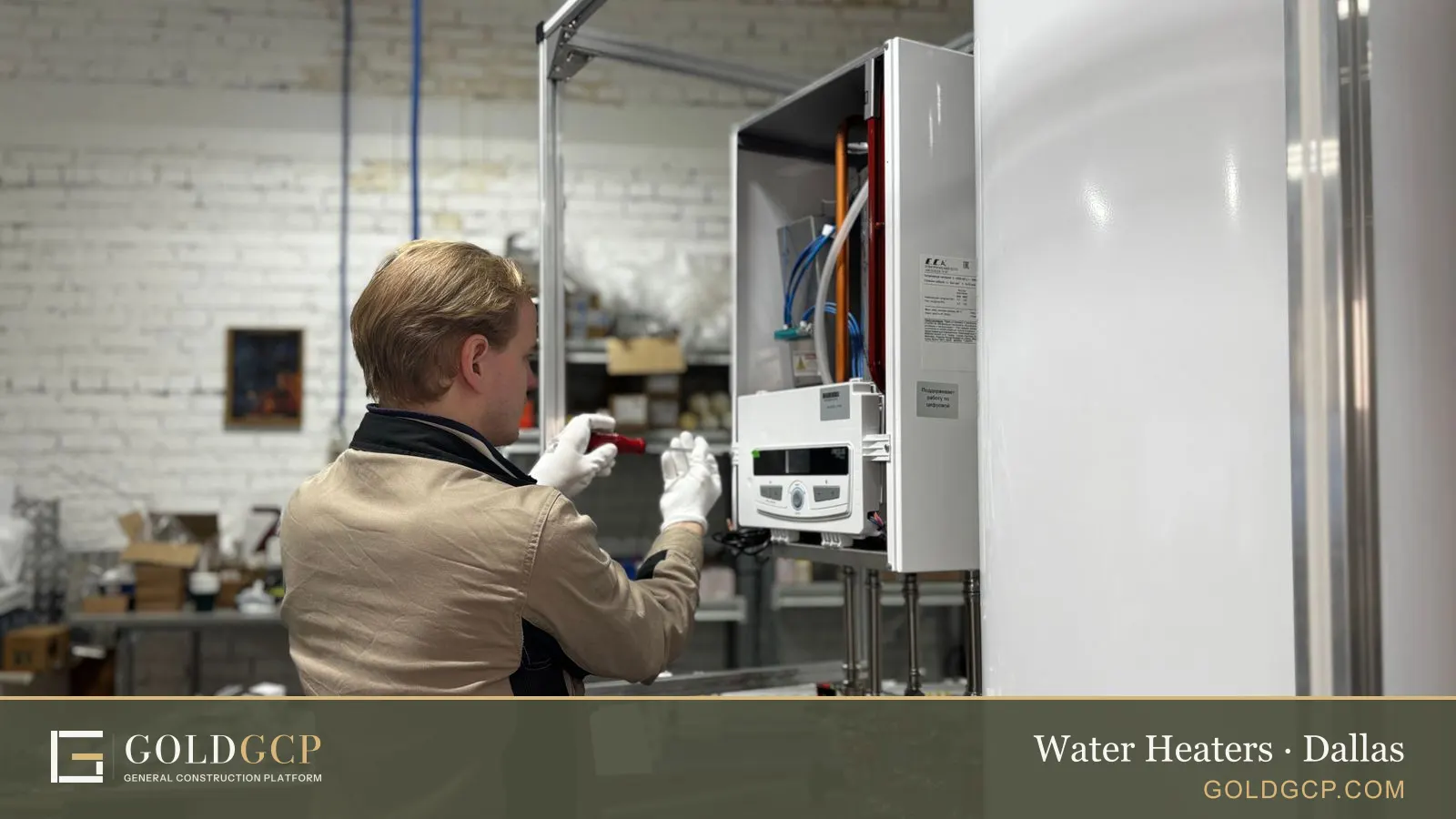 A technician servicing a wall-mounted water heating unit