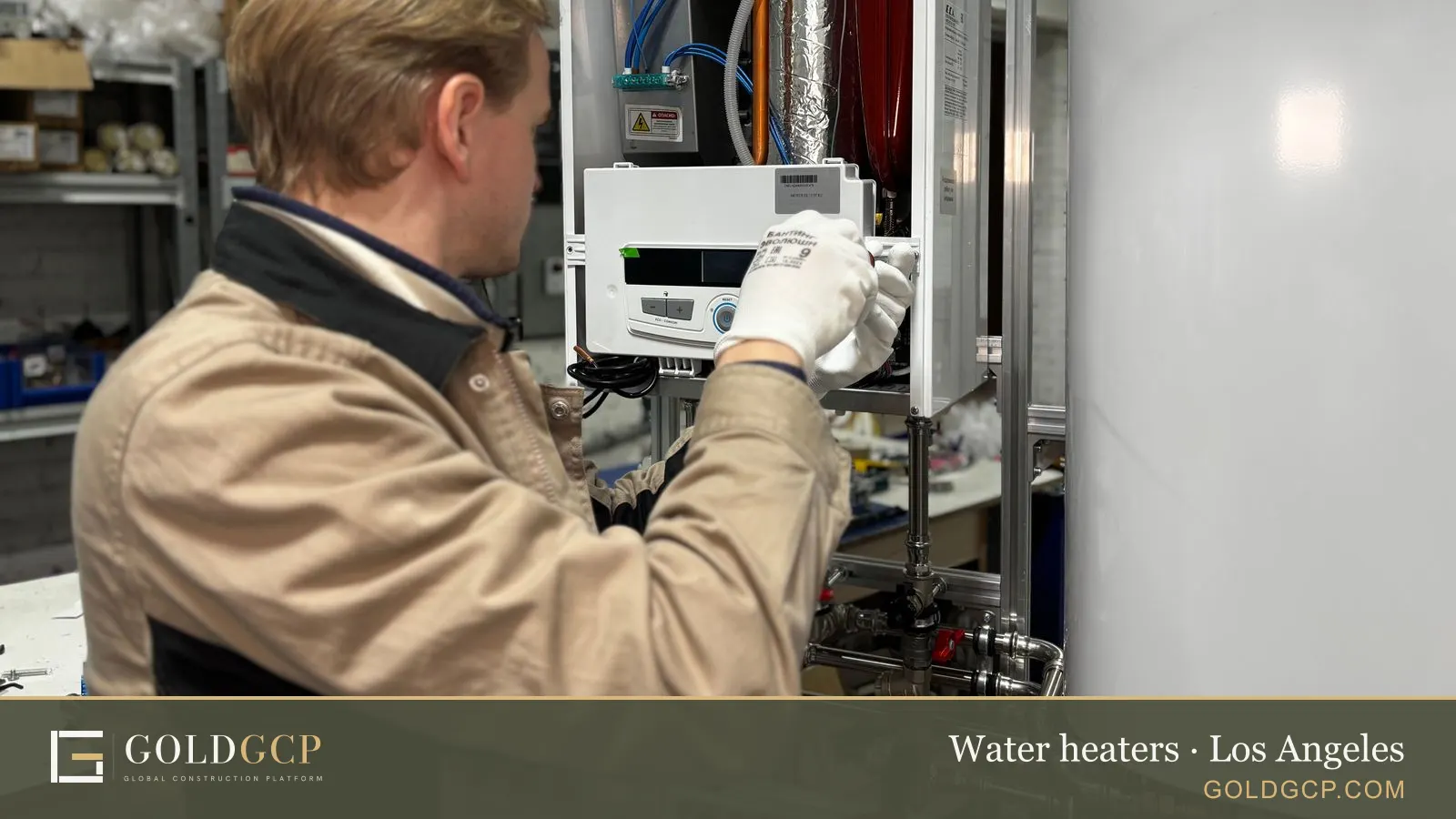 A technician working on a heating system with copper and steel pipes