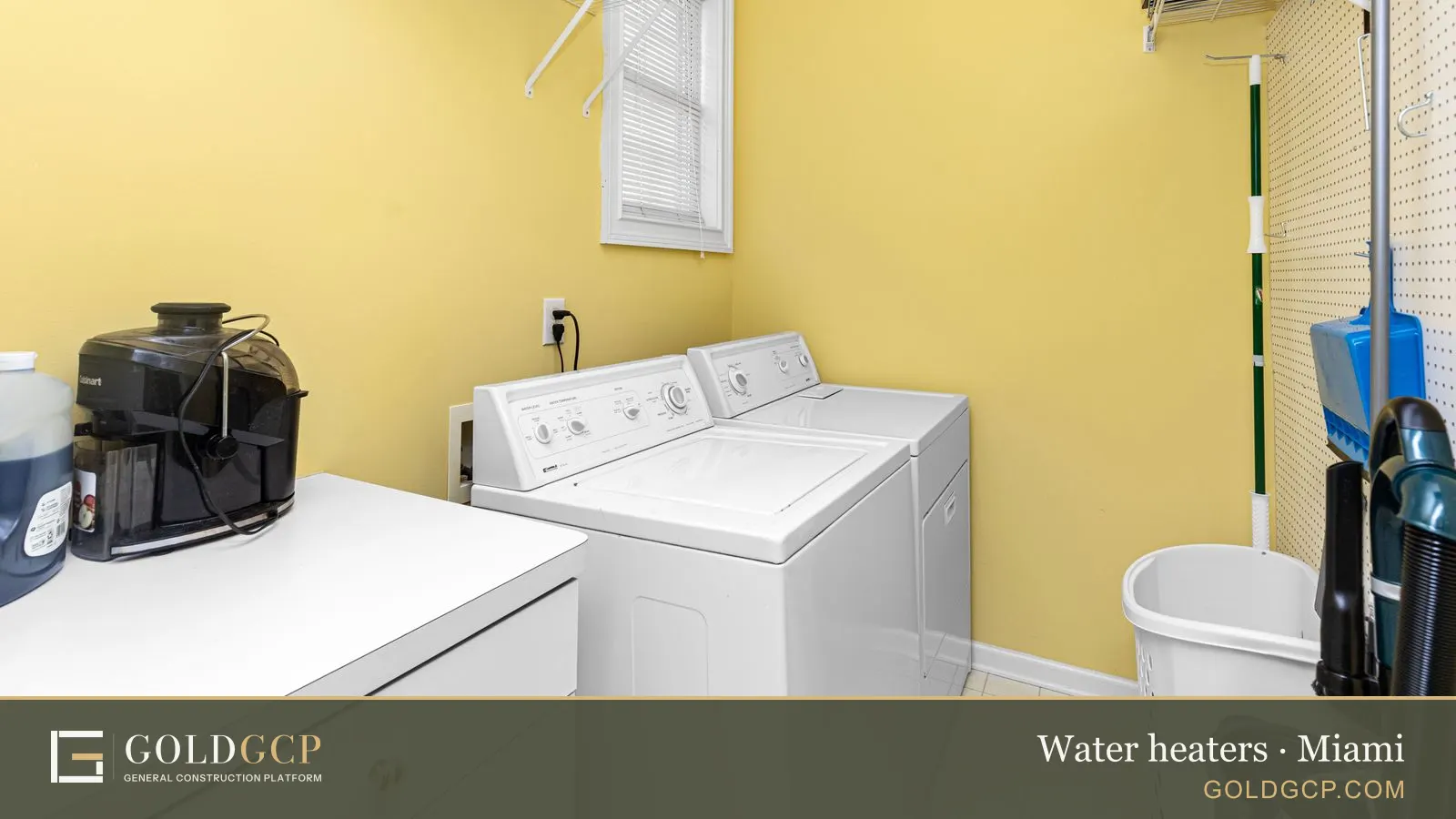 A bright laundry room with a washer, dryer and shelves