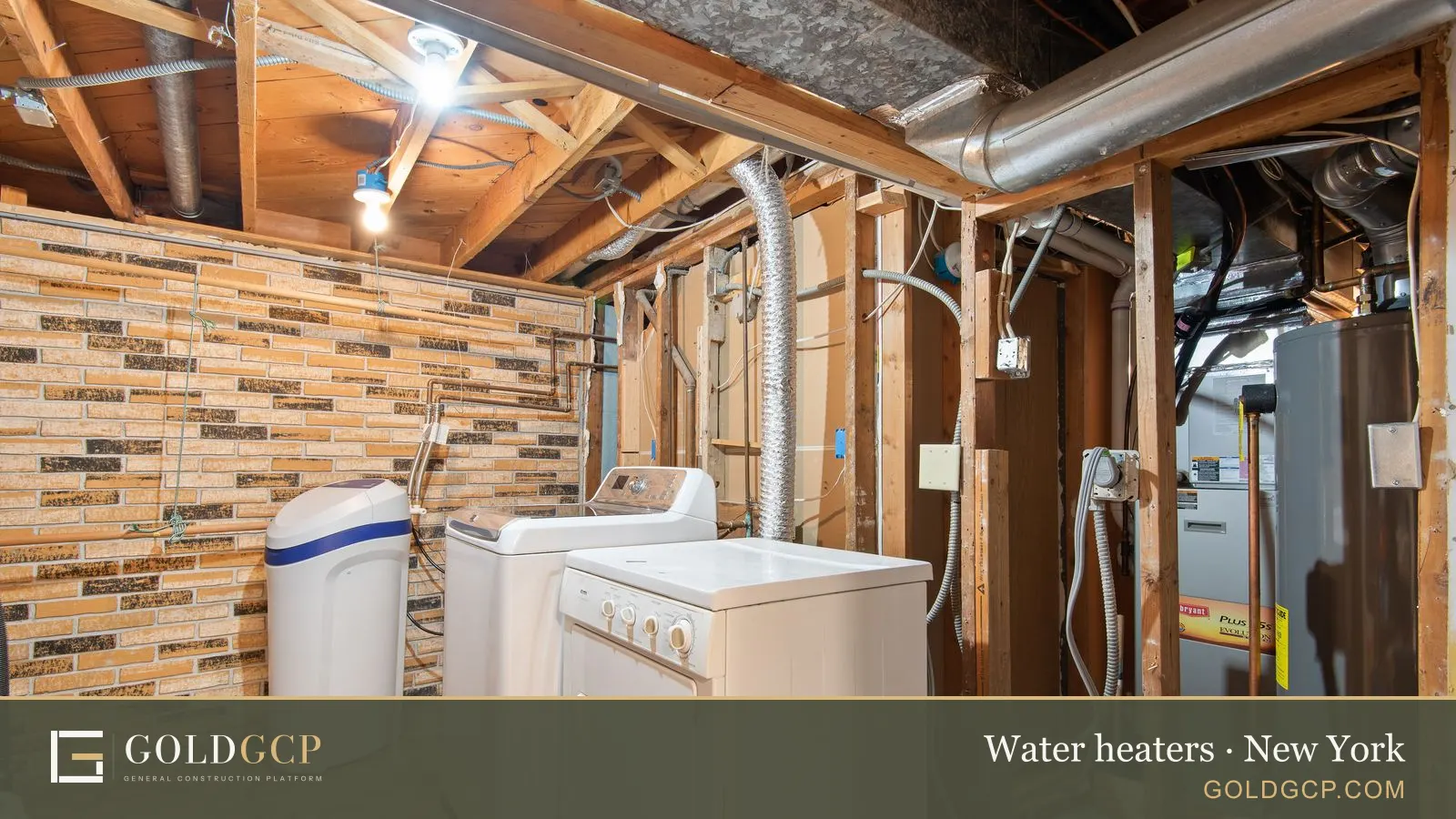 A basement utility room with exposed brick walls