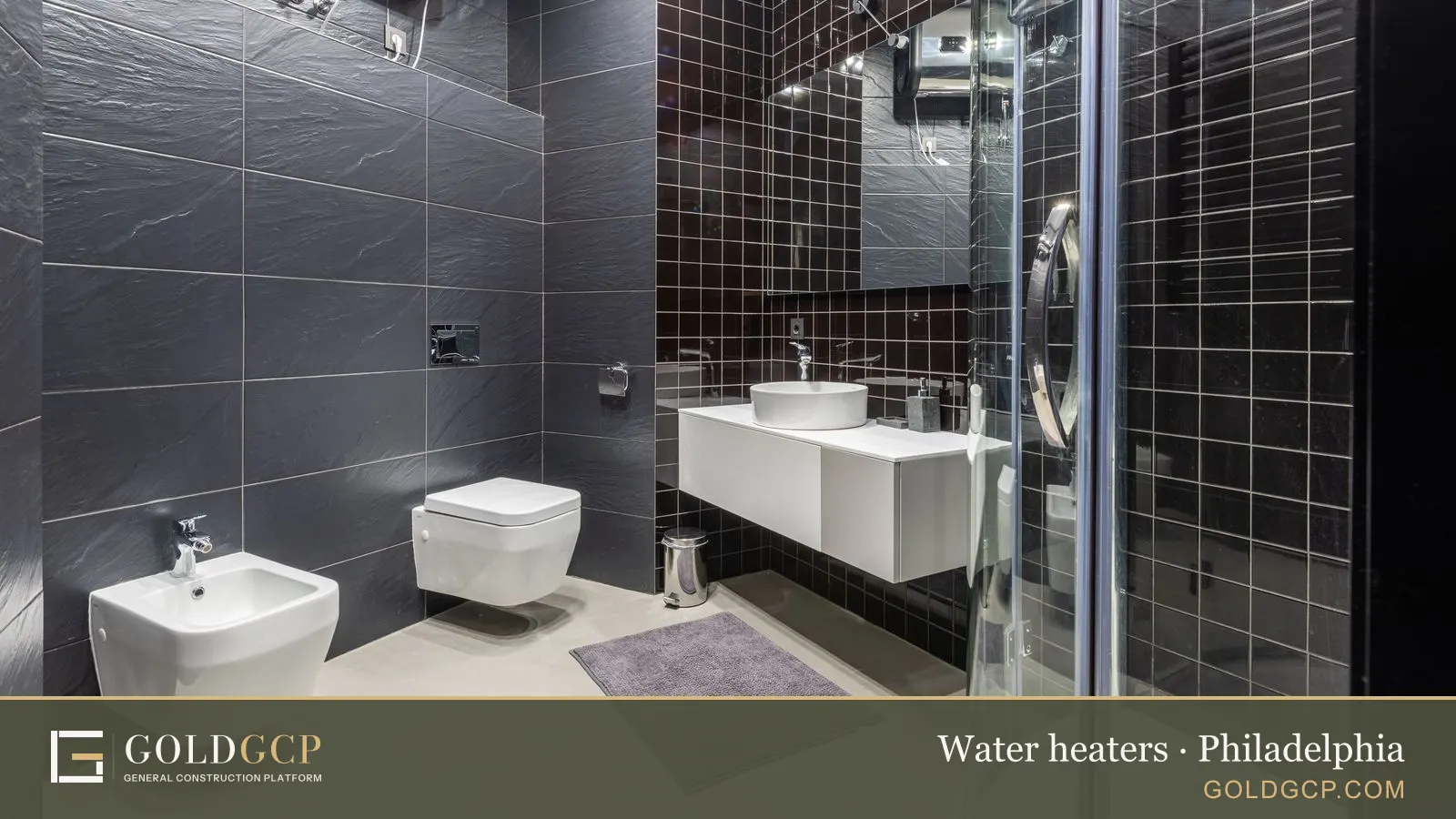 A modern bathroom with a glass shower and dark tile