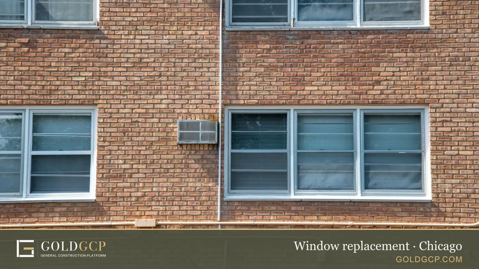 Close-up of a brick apartment facade with multiple modern aluminum windows.