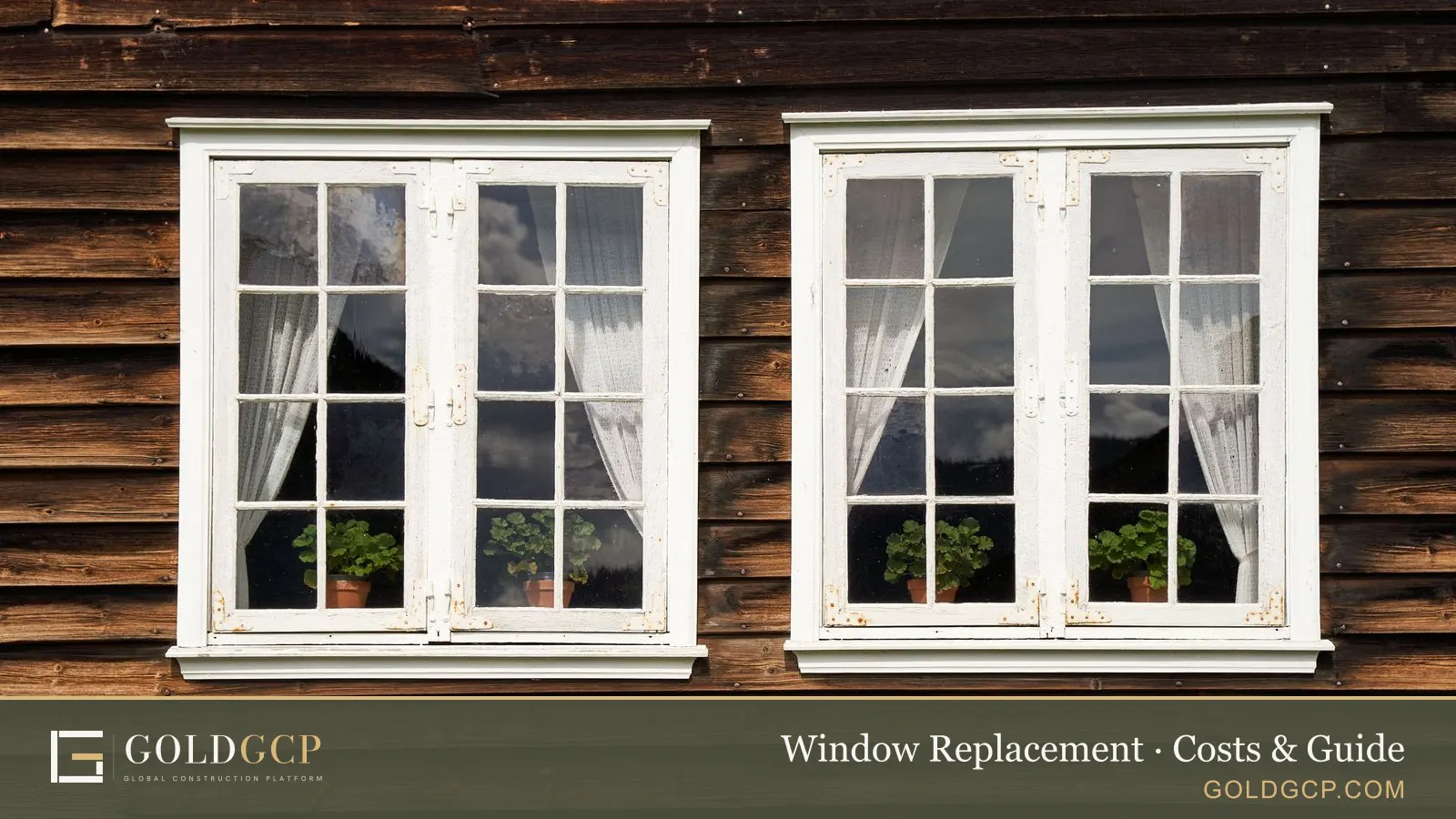 Two white-framed windows on the wooden exterior of a house