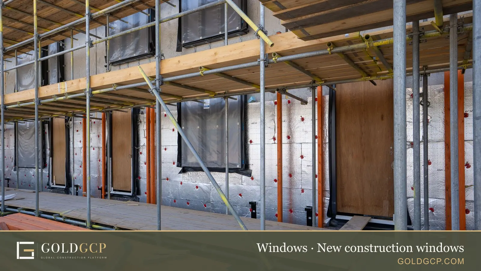 Scaffolding around a new home with windows and insulation sheets in place