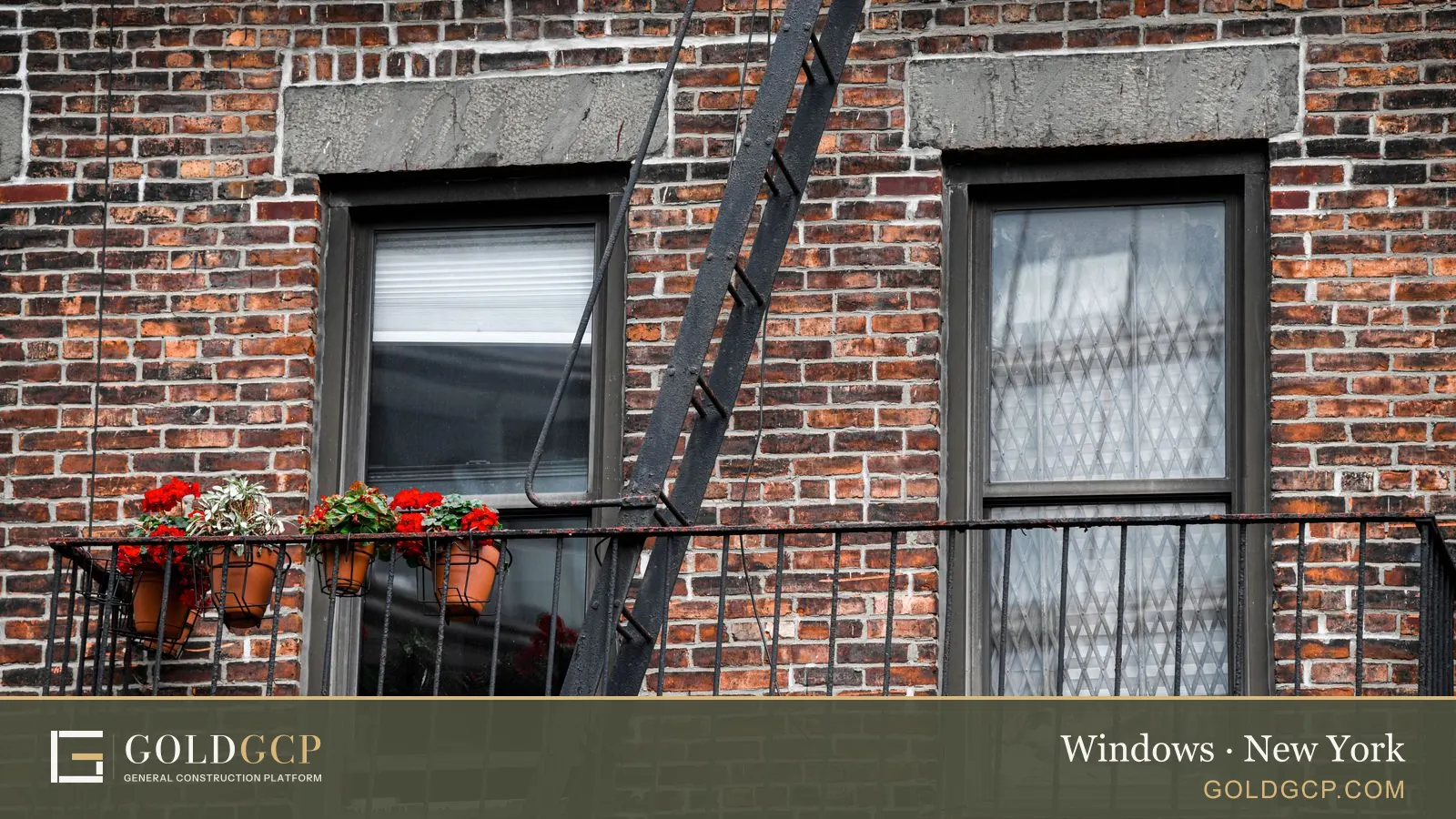 Sash windows and a fire escape on a red brick New York apartment building