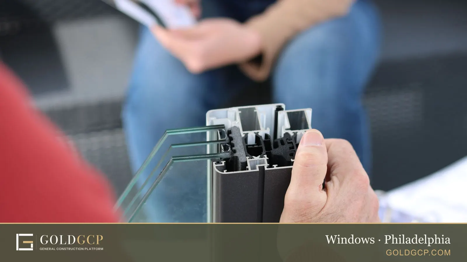 A hand holding a cross-section of a window frame with triple glass panes
