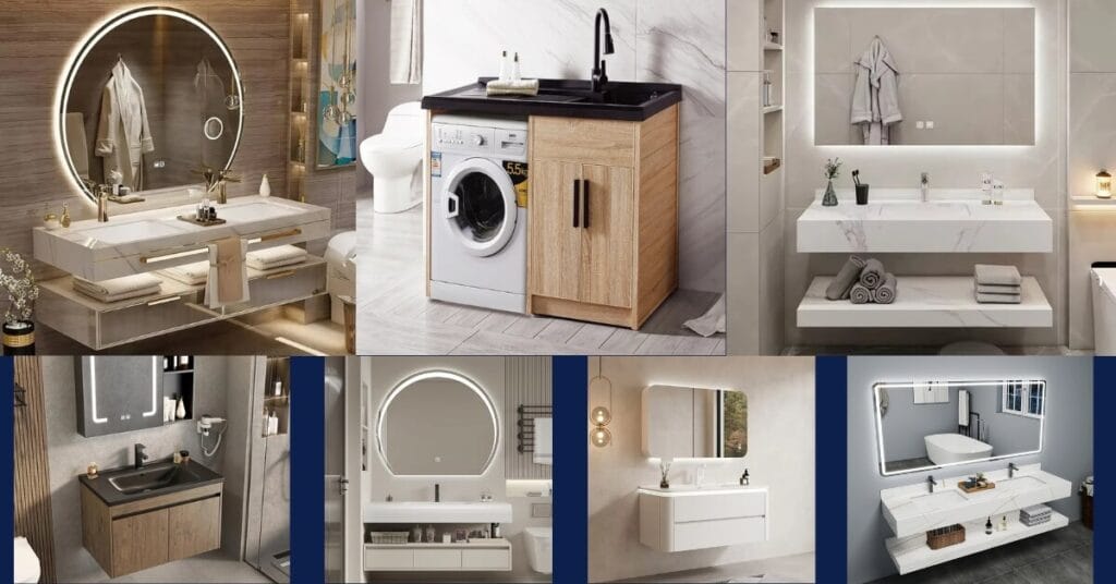 Bathroom cabinets in modern style with wooden finishes and sleek storage design.