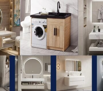 Bathroom cabinets in modern style with wooden finishes and sleek storage design.