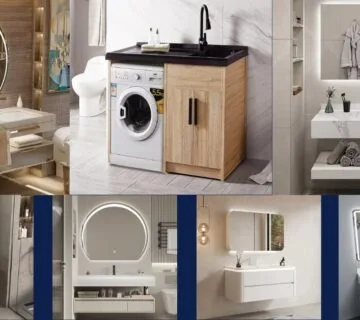 Bathroom cabinets in modern style with wooden finishes and sleek storage design.