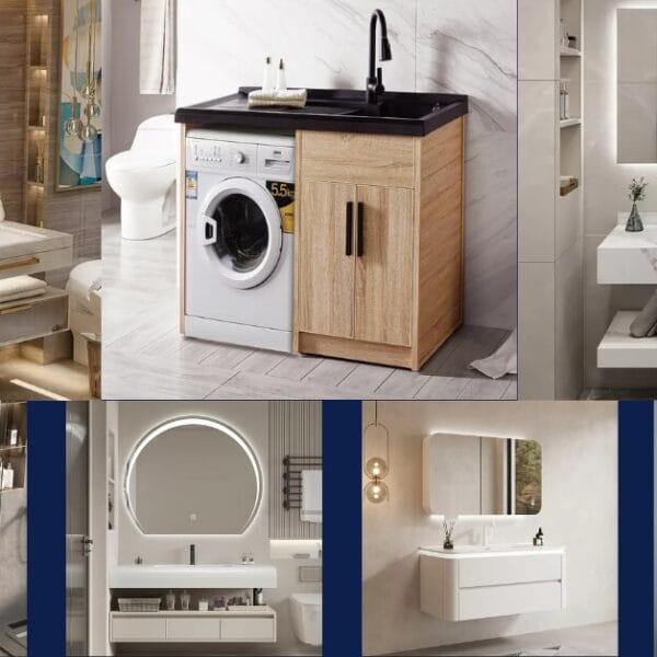 Bathroom cabinets in modern style with wooden finishes and sleek storage design.