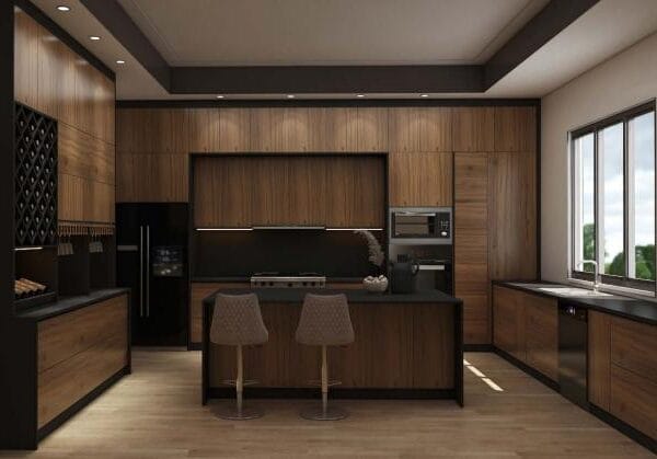 Modern Boulder kitchen remodel with natural wood tones and stone backsplash.