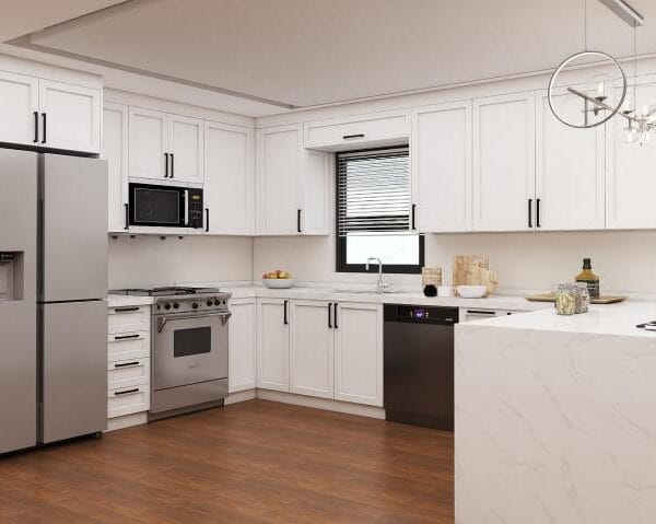 Luxury Chicago kitchen remodel with marble countertops and matte black fixtures.