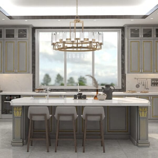 Stylish Cleveland kitchen remodel with open shelving and quartz island.