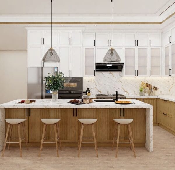 Detroit kitchen remodel with matte cabinetry and marble backsplash.