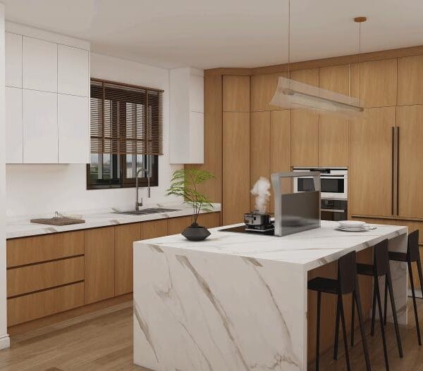 Houston kitchen remodel with quartz island and custom wood accents.