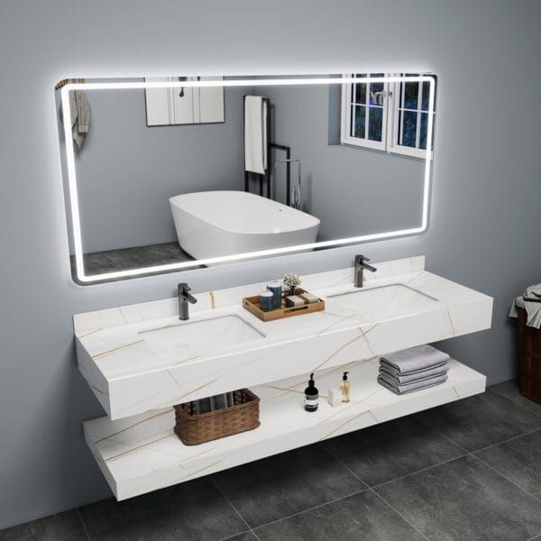 WonderLux Bathroom Cabinet – Double Layer Rock-Slab Wall-Mounted Vanity with Marble Top