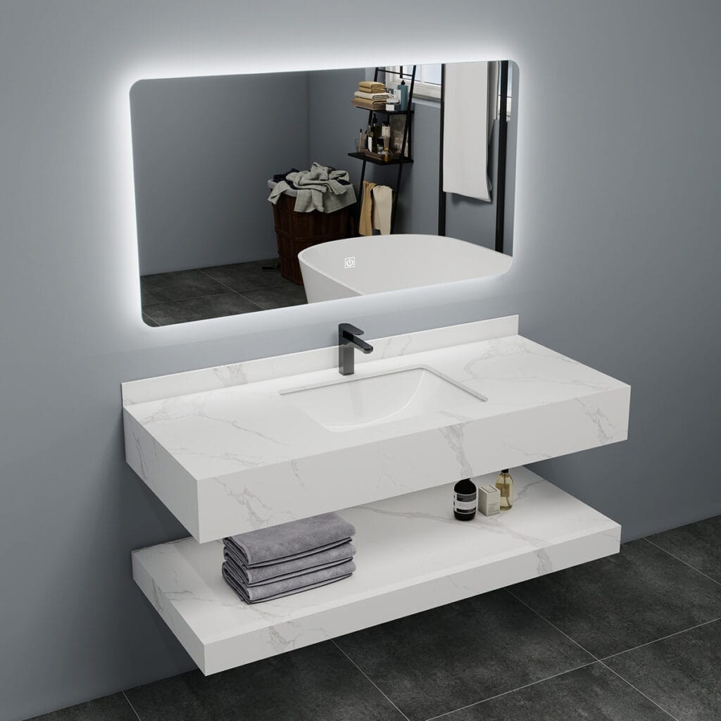 WonderStone Bathroom Cabinet – Double-Layer Marble Vanity with Ceramic Basin