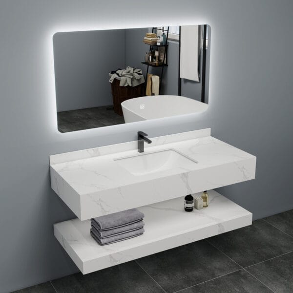 WonderStone Bathroom Cabinet – Double-Layer Marble Vanity with Ceramic Basin