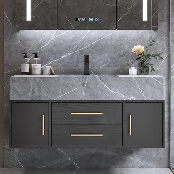 GeorgeLux Bathroom Cabinet – Floating Gray Marble Vanity with Ceramic Basin and Smart Mirror