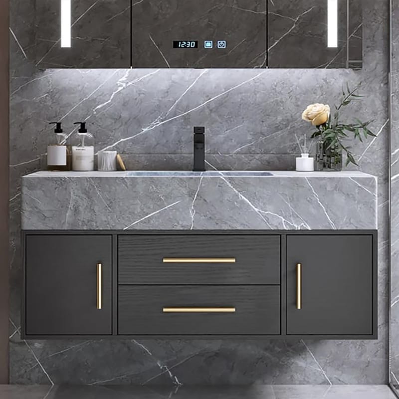 GeorgeLux Bathroom Cabinet – Floating Gray Marble Vanity with Ceramic Basin and Smart Mirror