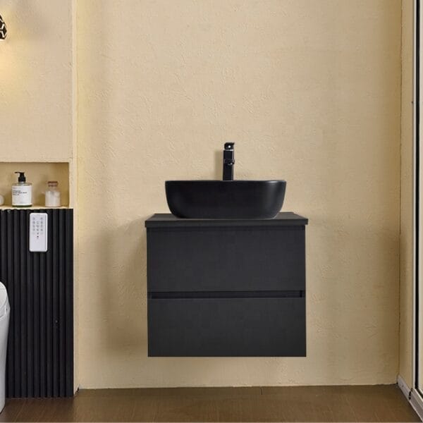 NoirForm Bathroom Cabinet – Floating Black Wood Vanity with Ceramic Basin