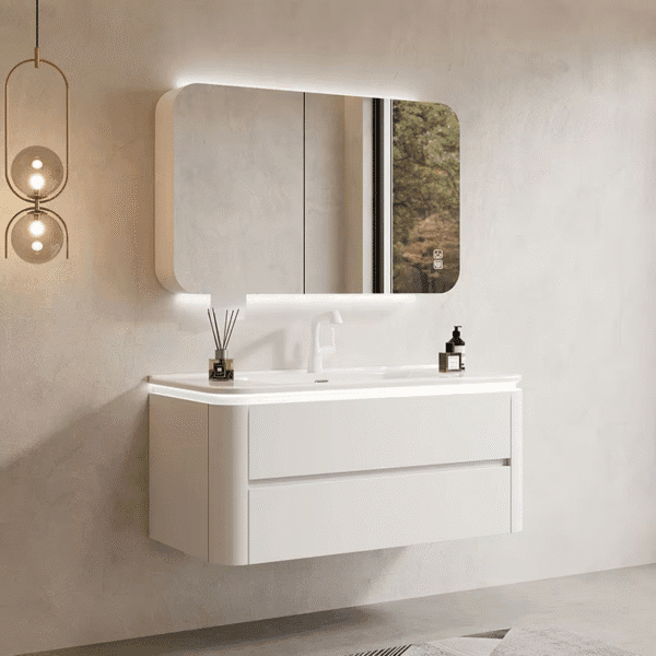 EverecoPro Bathroom Cabinet – Floating Marble Vanity with LED Mirror and Ceramic Basin