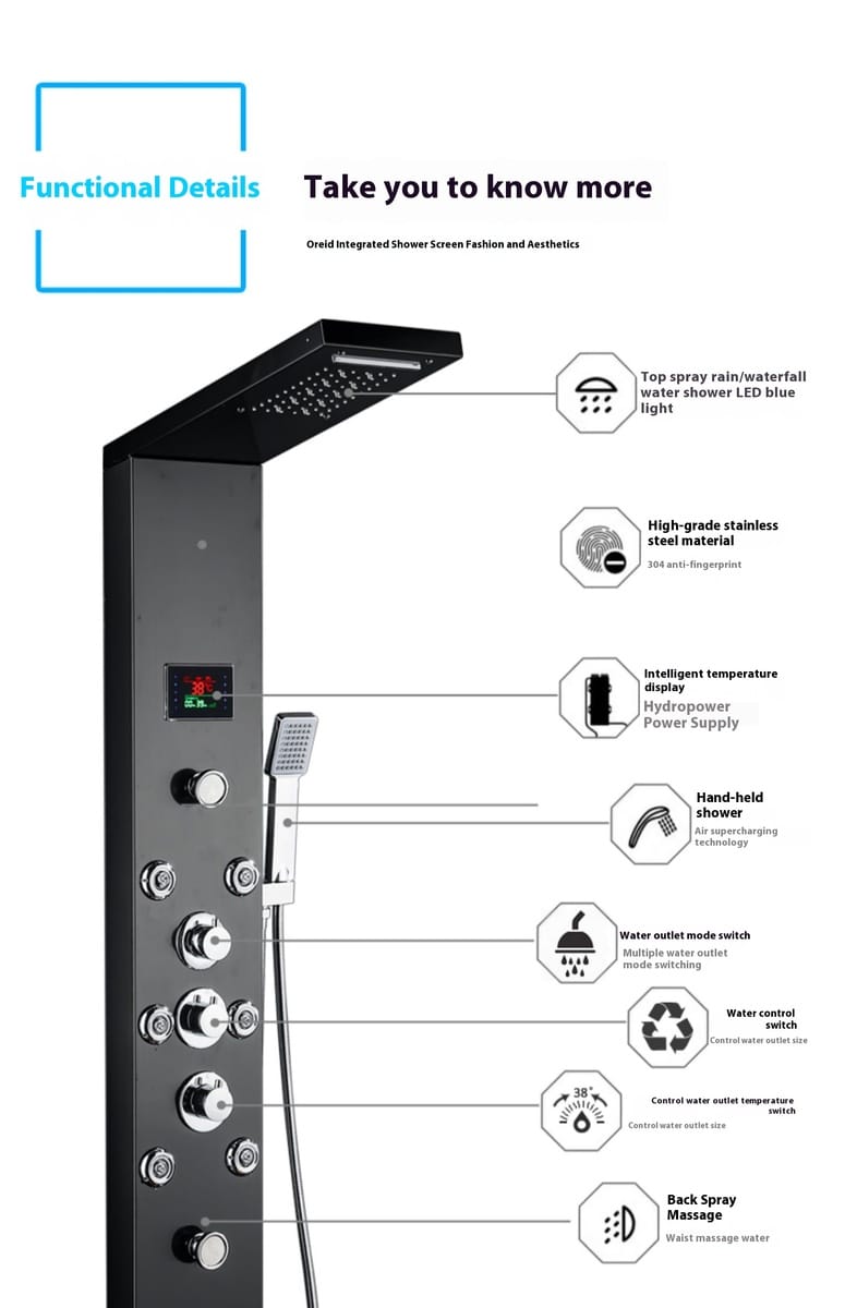 NoirSpa Shower Faucet Modern Luxury Black Wall Mounted LED Smart Stainless Steel Shower Panel System - Image 5