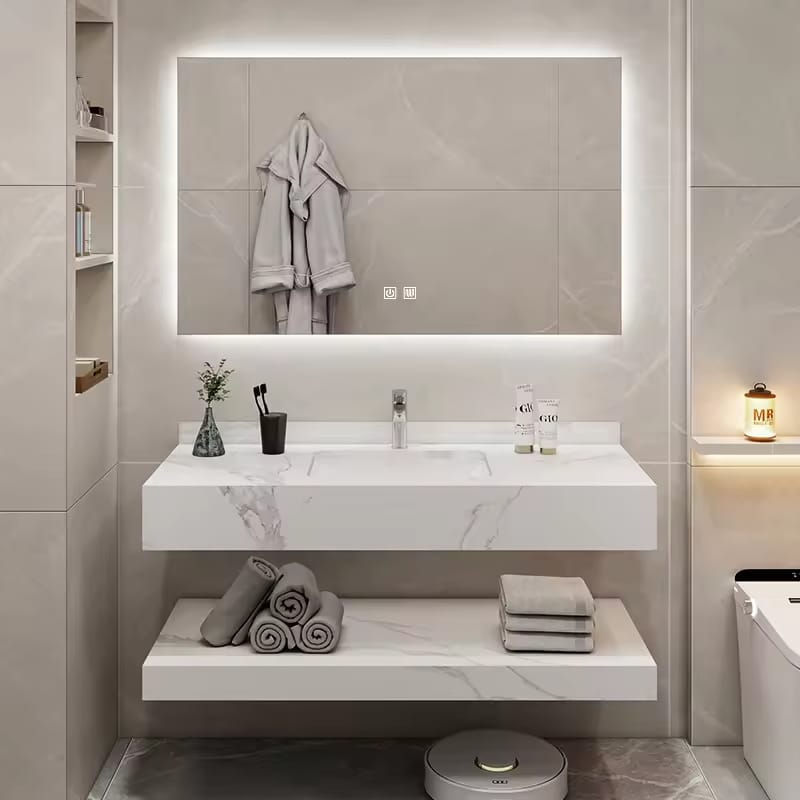 NeoForm Bathroom Cabinet – Wall-Mounted Rock-Slab Vanity with Ceramic Basin and LED Mirror