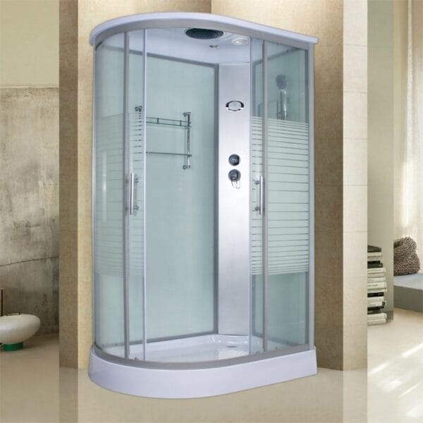 Modern frameless shower cabin with innovative hidden trackless sliding door system