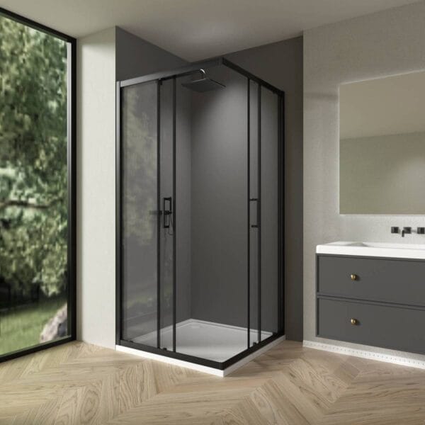 Modern square shower cabin with black aluminum frame and tempered clear glass sliding doors