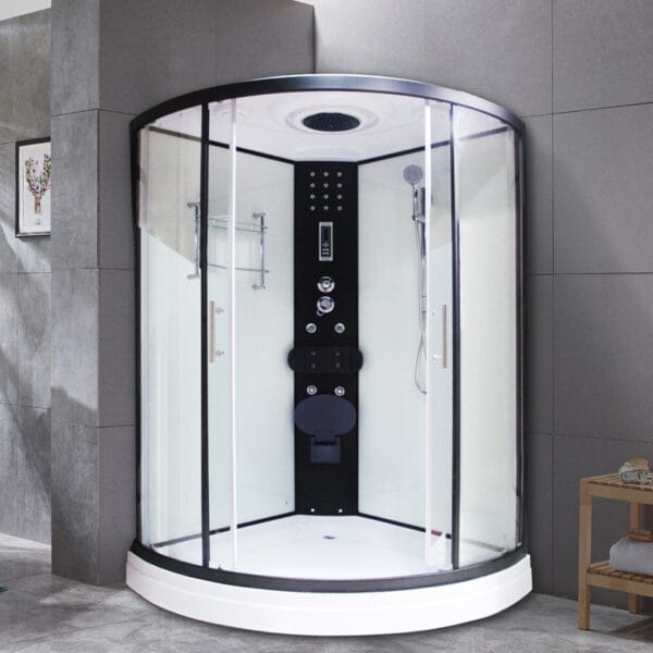 Expansive luxury steam shower cabin with walk in bathtub and electric sauna features