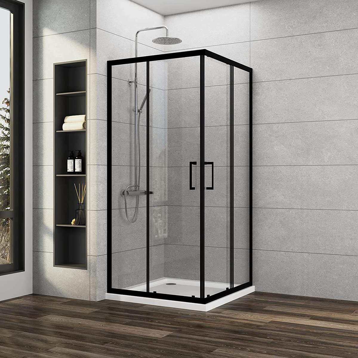 Modern square corner entry shower cabin with aluminum frame and tempered glass sliding doors